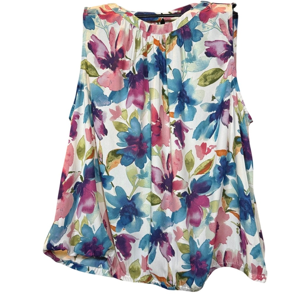 Le Serein Womens 1X Floral Sleeveless Blouse Watercolor Purple Blue Bubble Hem